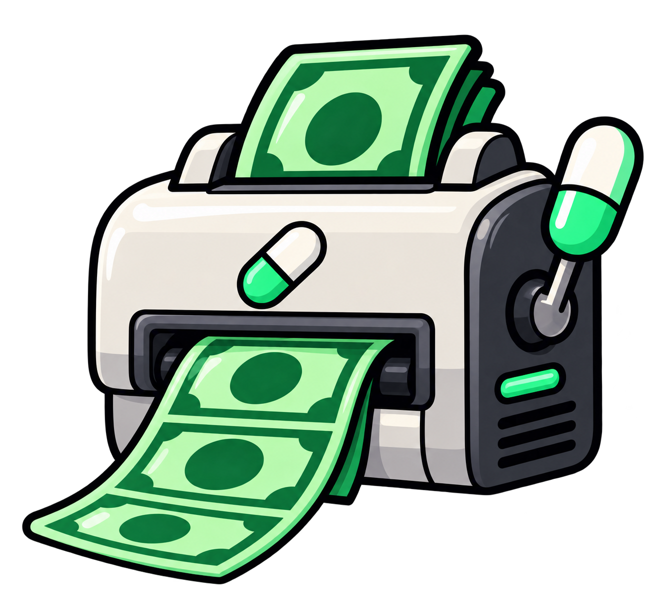 Cartoon money printer connected to the Solana fee machine